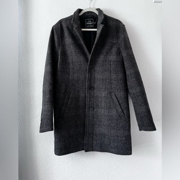 Top Man Plaid Gray Overcoat Wool Blend Slim Fit Size M - Picture 1 of 9